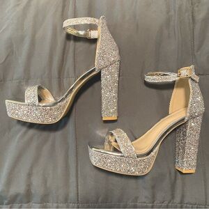 • Silver Glitter Block Heels •